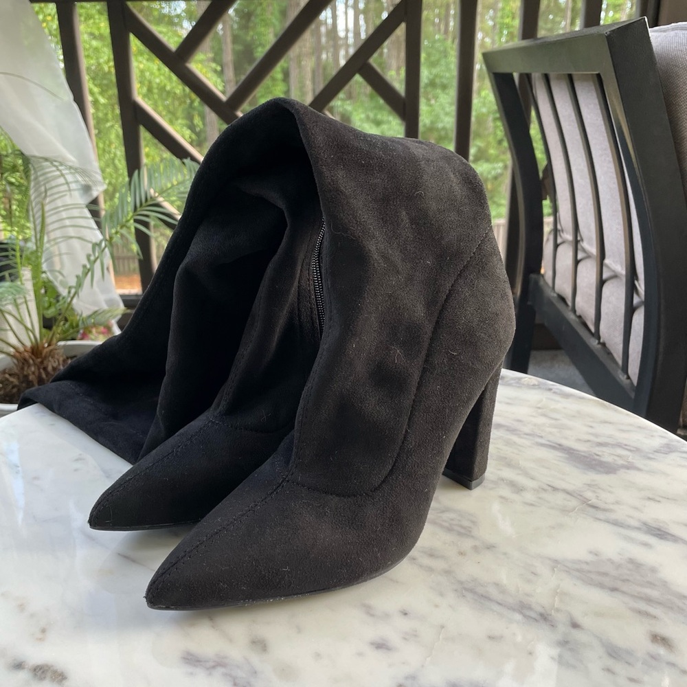 Black Thigh High Stretch Sock Boots Pointed Toe, Block Heel, Over-the-Knee
